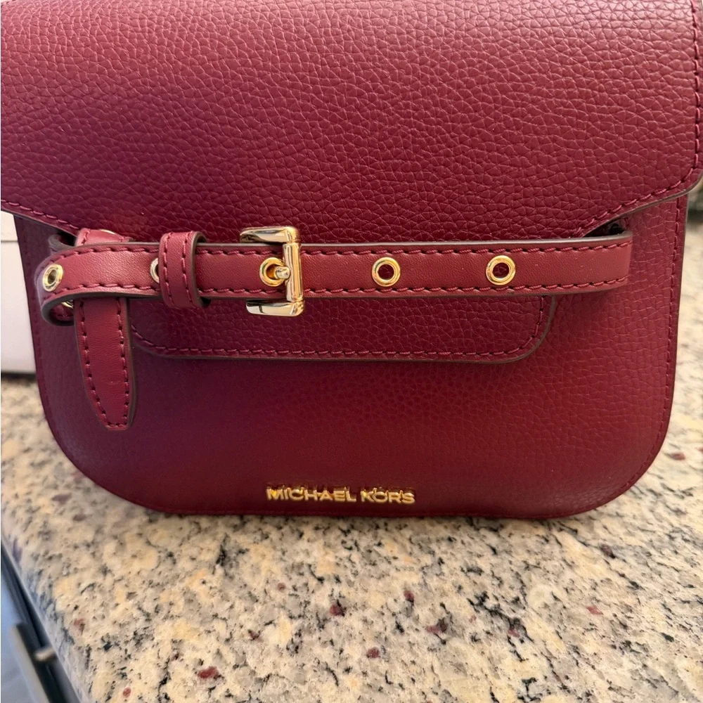 Michael Kors Emilia small saddle leather Oxblood Burgundy Crossbody Bag; New - Picture 6 of 7